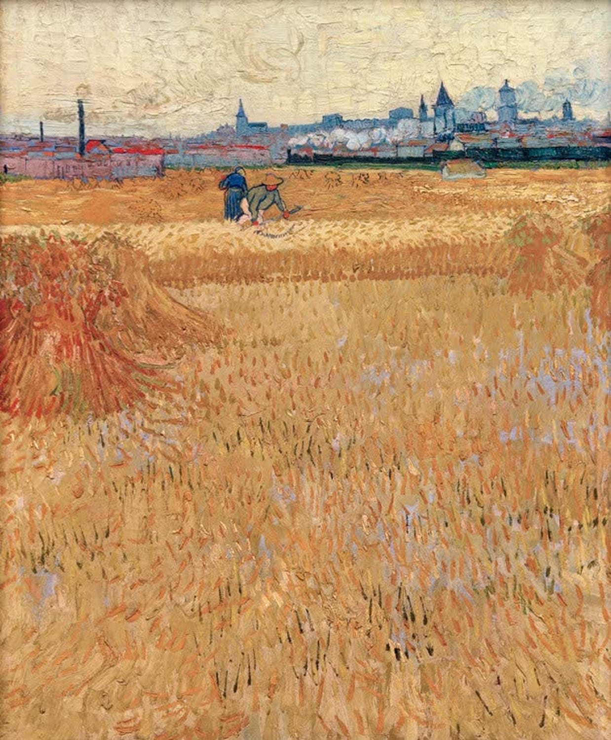Weizenfeld mit Blick auf Arles von Vincent van Gogh – sonnendurchflutetes Feld mit Weizen und Dorf im Hintergrund, als hochwertiger Kunstdruck auf Poster oder Leinwand erhältlich.