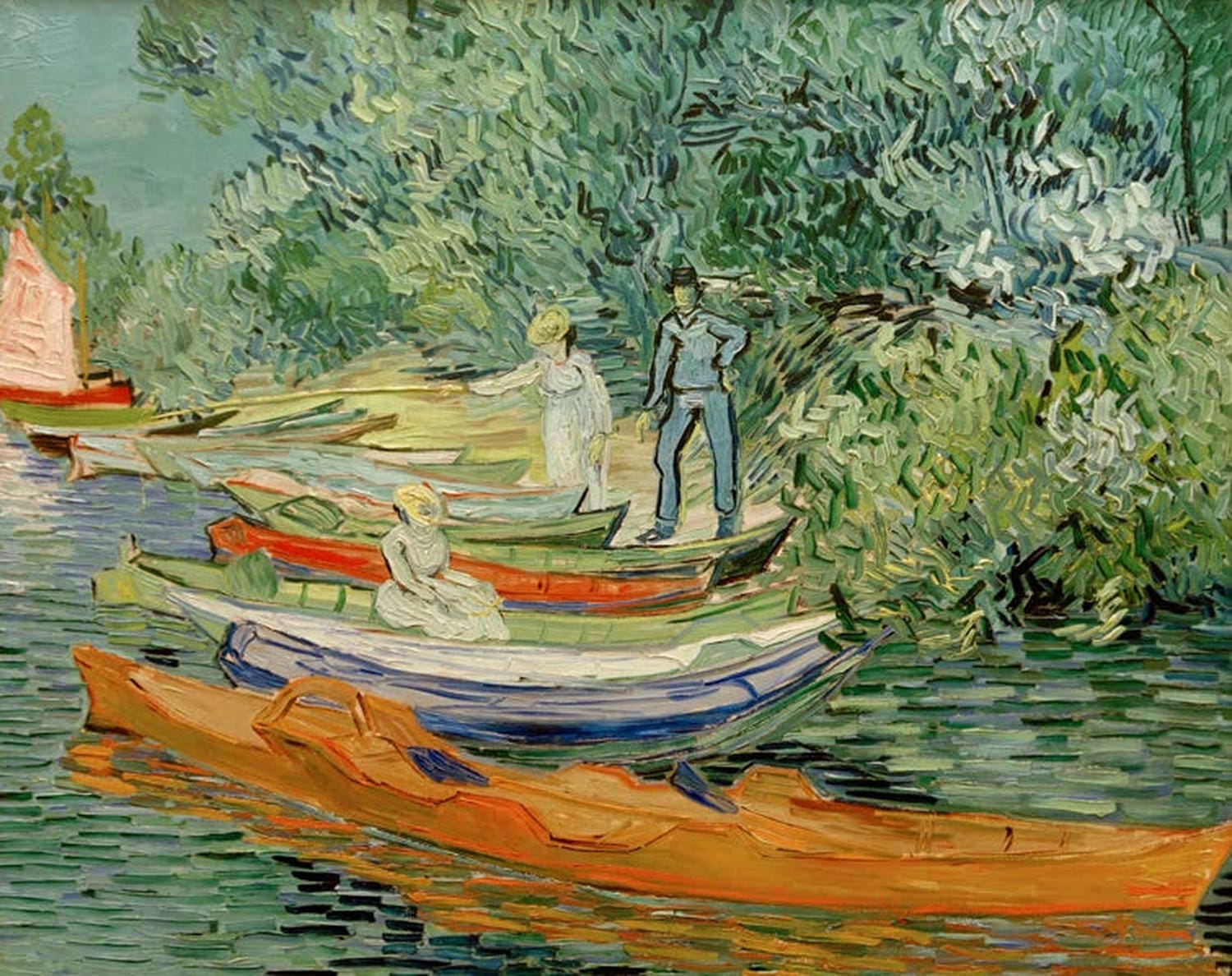 „Am Ufer der Oise in Auvers“ von Vincent van Gogh: Flussufer mit Bäumen und Wasser, in leuchtenden Farben und lebendigen, dynamischen Pinselstrichen.