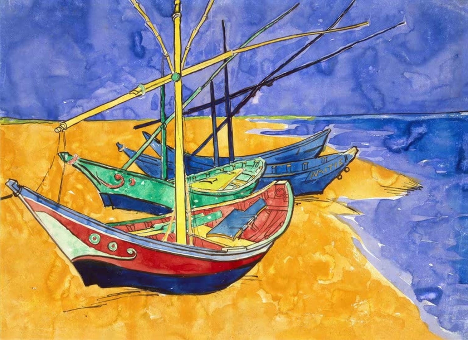 Fischerboote am Strand von Saintes-Maries-de-la-Mer von Vincent van Gogh – stimmungsvolle Küstenszene mit Booten, als hochwertiger Kunstdruck auf Poster oder Leinwand erhältlich.