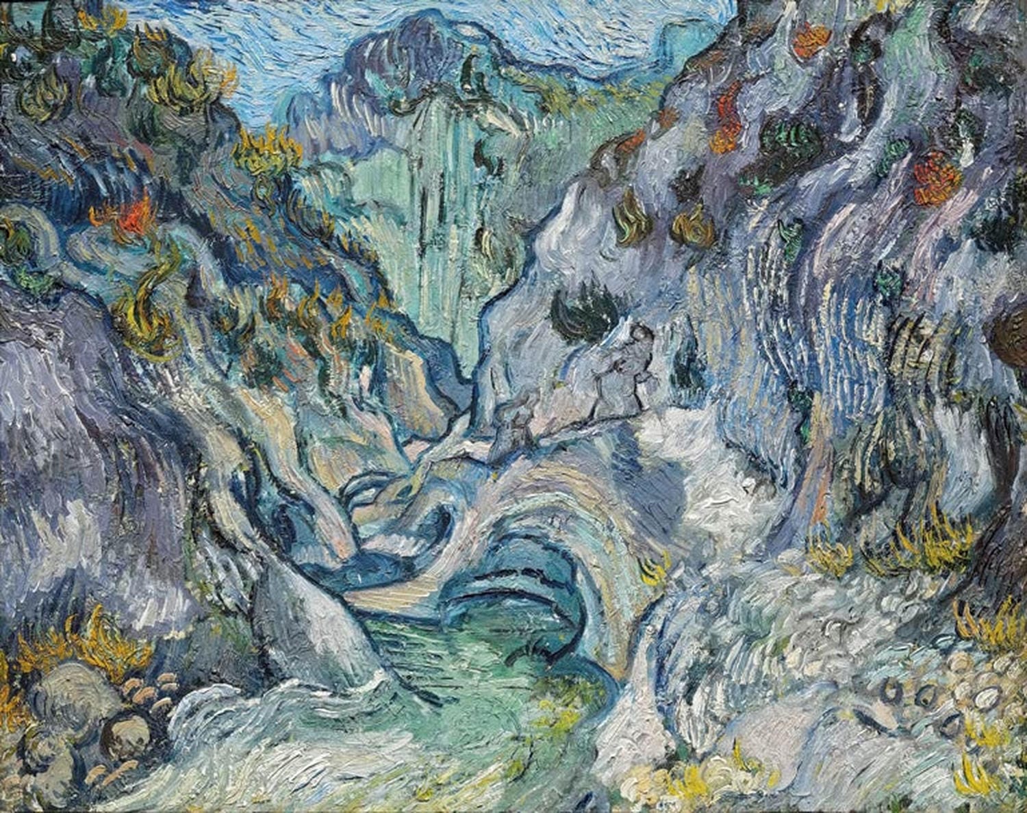 „Die Schlucht der Peyroulets“ von Vincent van Gogh – postimpressionistische Landschaft mit dramatischer Schlucht, expressiven Farben und dynamischer Pinselführung.