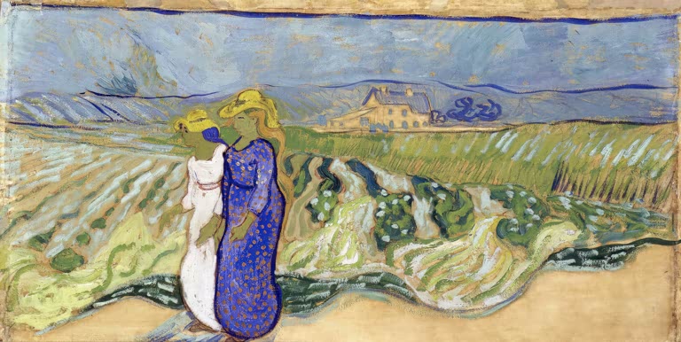 Zwei Frauen überqueren die Felder von Vincent van Gogh