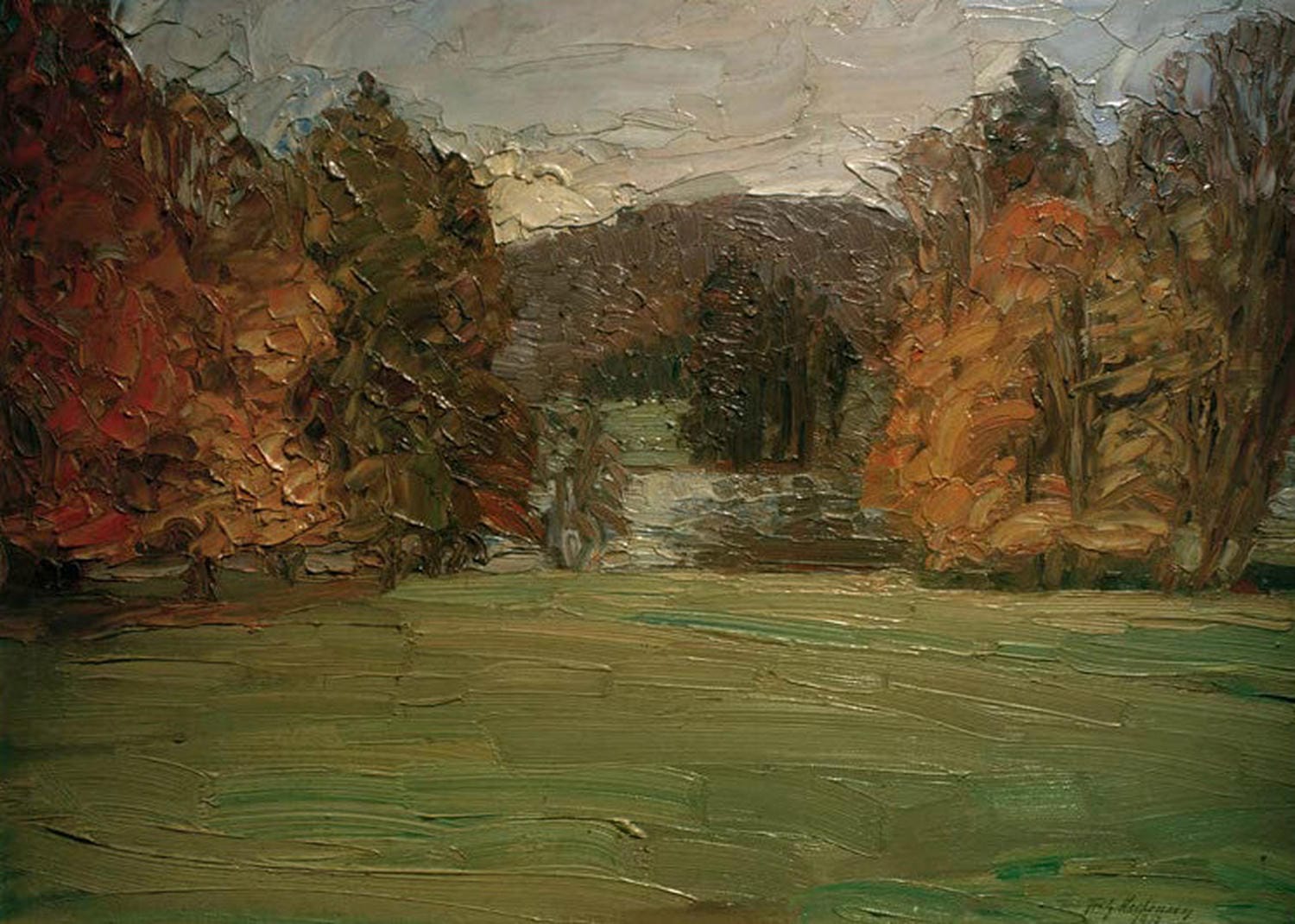 Park im Herbst bei Weimar von Fritz Mackensen, herbstliche Parklandschaft mit Bäumen in warmen Gelb- und Rottönen