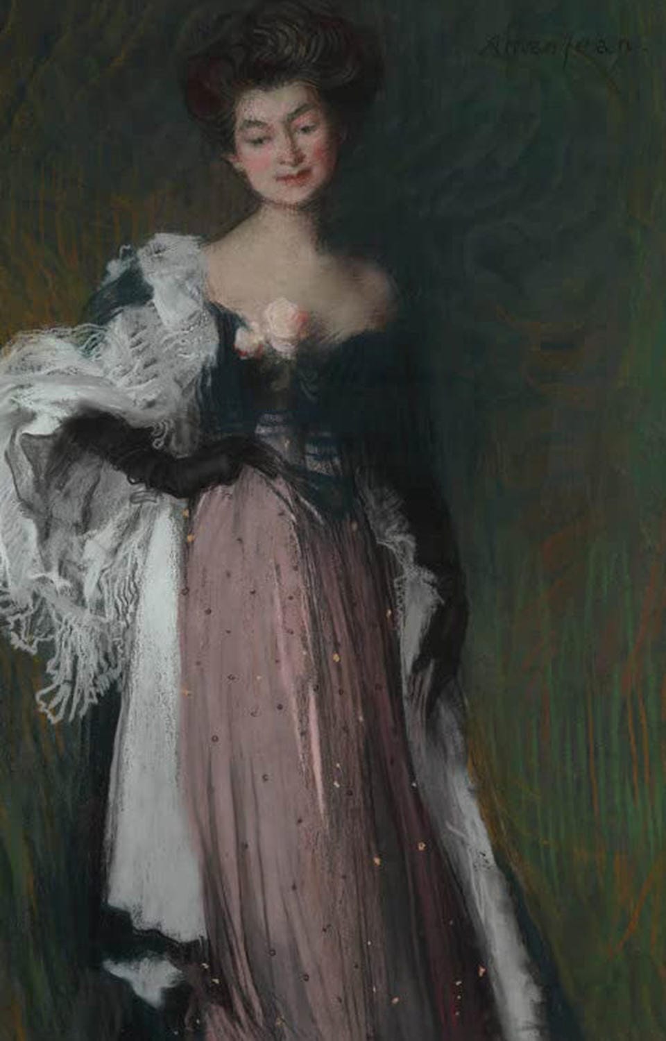 Porträt einer jungen Frau mit Rosen, Gemälde „Junge Frau mit Rosen“ von Edmond Aman-Jean als Kunstdruck