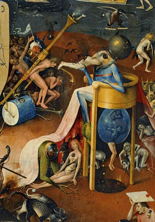 Ausschnitt aus "Garten der Lüste" von Hieronymus Bosch mit Höllenszene und grotesken Musikstrafen.