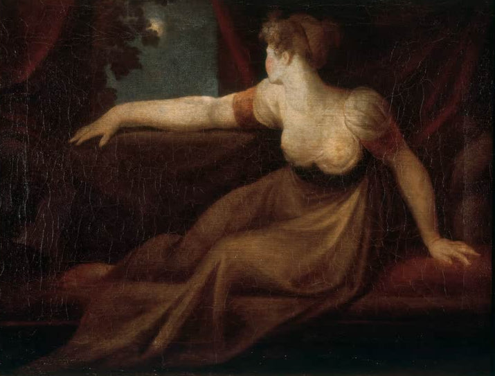 Kunstdruck des Gemäldes Dame am Fenster beim Mondschein von Johann Heinrich Füssli mit nächtlicher Szene, geheimnisvoller Stimmung und romantischem Licht.