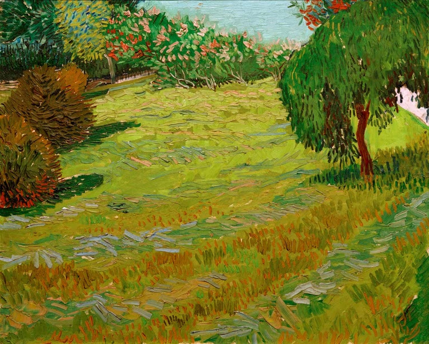 Kunstdruck des Gemäldes „Wiese mit Trauerweide“ von Vincent van Gogh mit großer Trauerweide in einer grünen Wiesenlandschaft