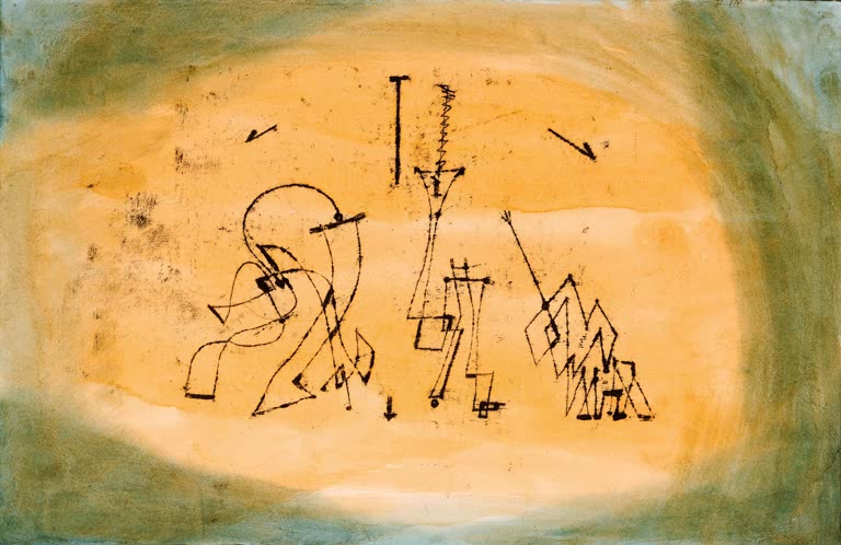 Kunstdruck „Abstraktes Trio“ von Paul Klee mit drei abstrahierten Figuren und charakteristischer Farbgestaltung