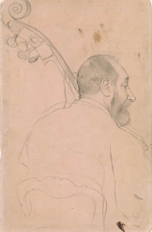 Kunstdruck des Gemäldes Achille Gouffe, Kontrabassspieler an der Pariser Oper von Edgar Degas mit dem Porträt des Kontrabassspielers Achille Gouffe.