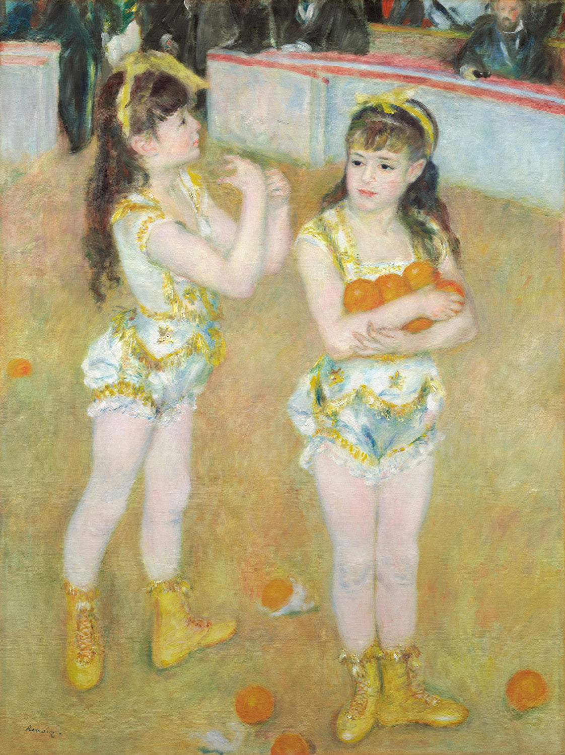 Zwei Akrobatinnen in lebendigen Farben während einer Zirkusaufführung, in impressionistischem Stil mit dynamischen Bewegungen und intensiven Tönen gemalt.