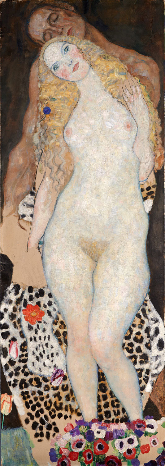 Adam und Eva, Gemälde von Gustav Klimt, sinnliche Darstellung im Jugendstil mit dekorativen Elementen.