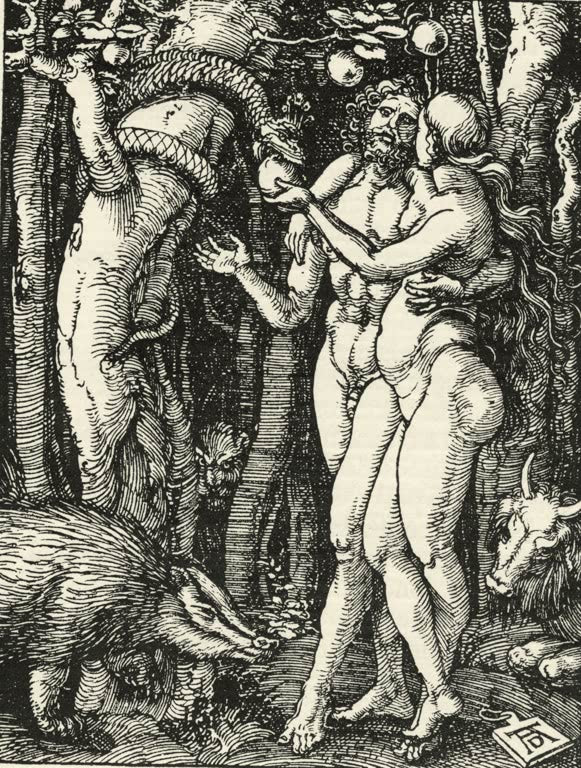 Kunstdruck von „Adam und Eva im Paradies“ von Albrecht Dürer. Detailreiche Renaissance-Darstellung des biblischen Sündenfalls mit Adam und Eva, in Deutschland handgefertigt.