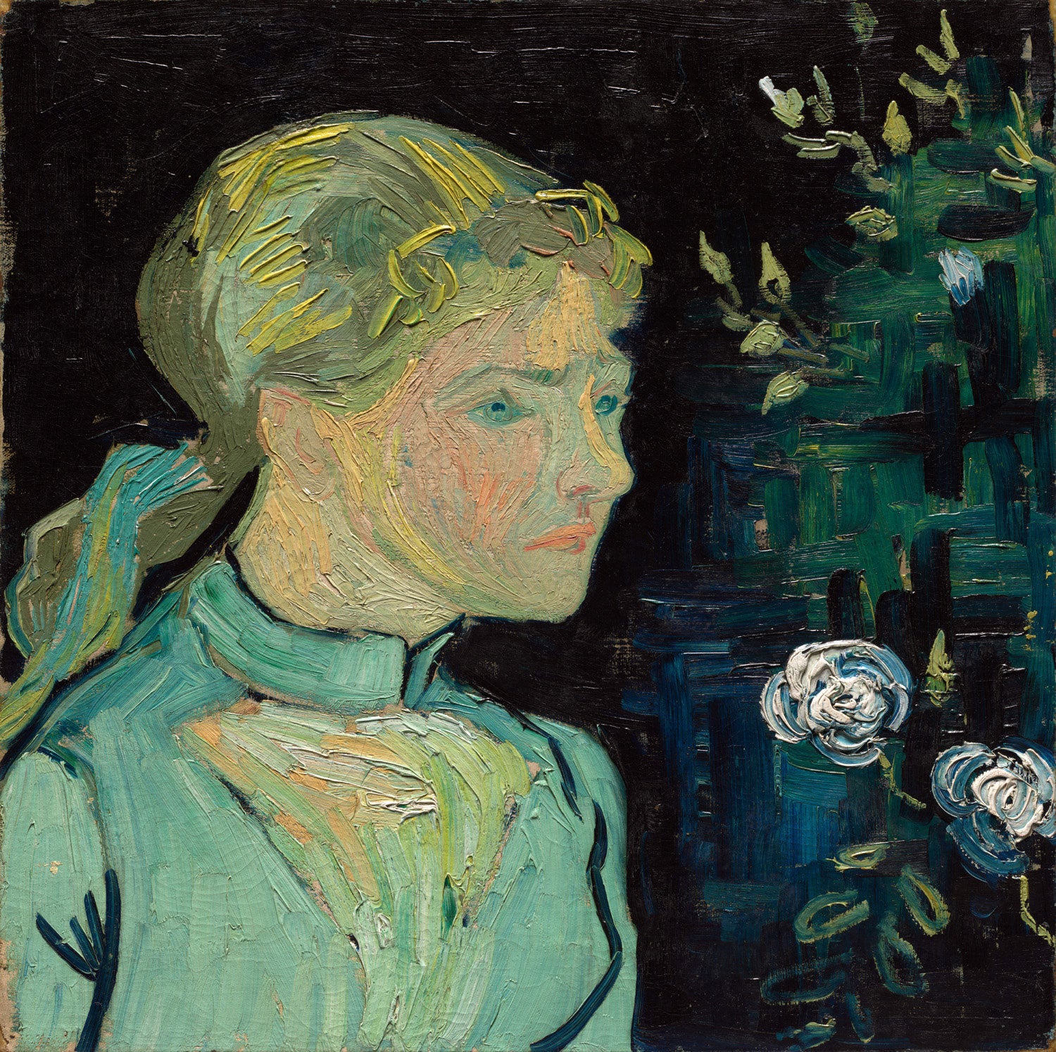 Porträt von Adeline Ravoux, der 13-jährigen Tochter von Arthur Ravoux, gemalt von Vincent van Gogh im Jahr 1890. Sie trägt ein schlichtes Kleid und sitzt ruhig vor einem neutralen Hintergrund. 