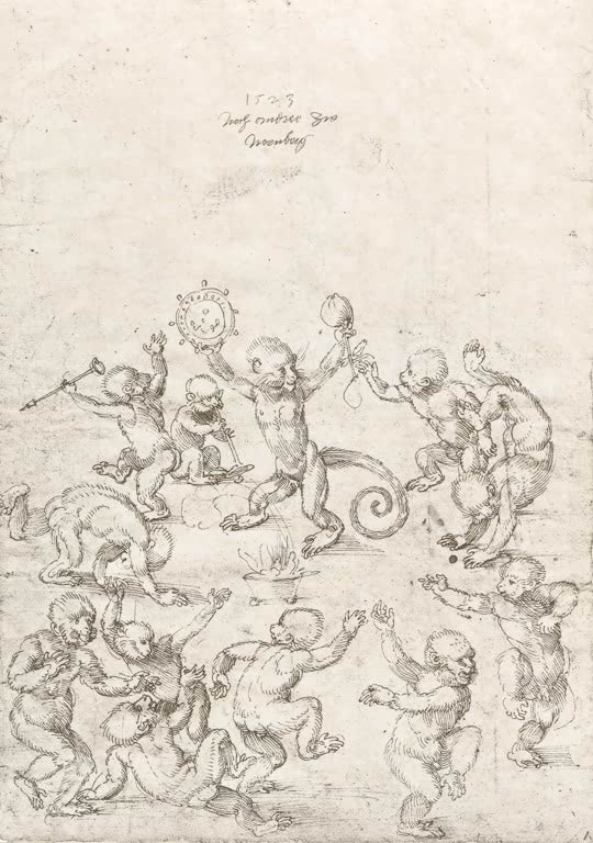 Kunstdruck des Gemäldes „Affentanz“ von Albrecht Dürer – hochwertiger Kunstdruck, handgefertigt in Deutschland, erhältlich auf Leinwand oder als Poster.