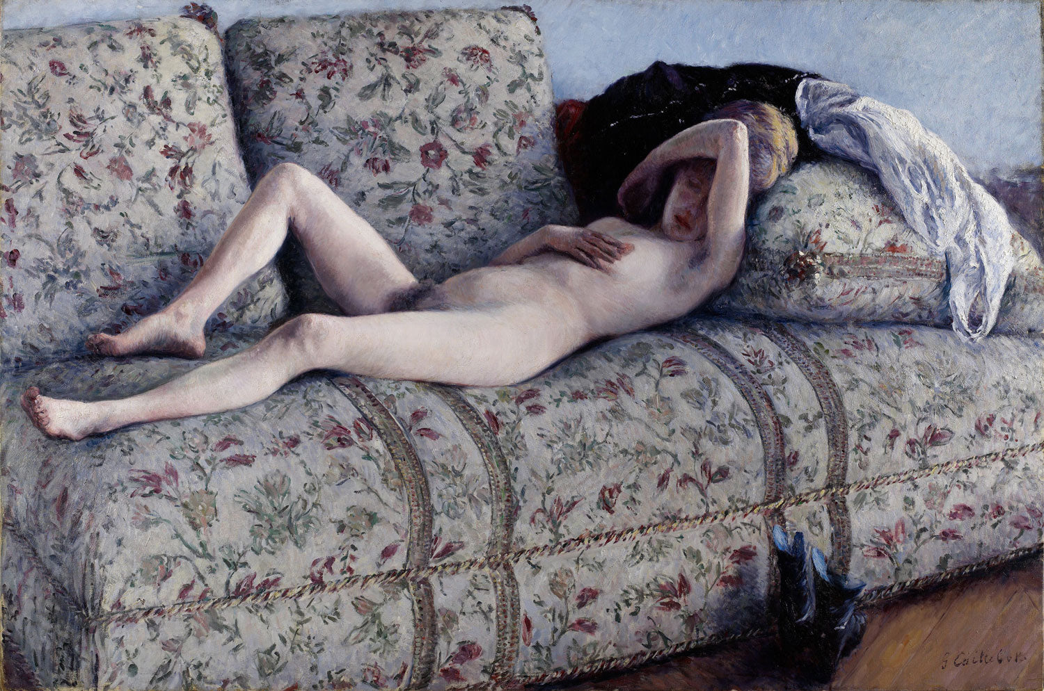 Das Gemälde zeigt eine weibliche Aktfigur, die entspannt auf einem Sofa liegt, mit sanften Licht- und Schatteneffekten, die ihre Form betonen. Der Hintergrund ist schlicht und modern gehalten.