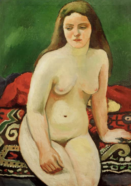 Kunstdruck des Gemäldes „Akt auf gesticktem Teppich“ von August Macke. Hochwertig in Deutschland von Hand gefertigt, erhältlich als Leinwand oder Poster und optional gerahmt.