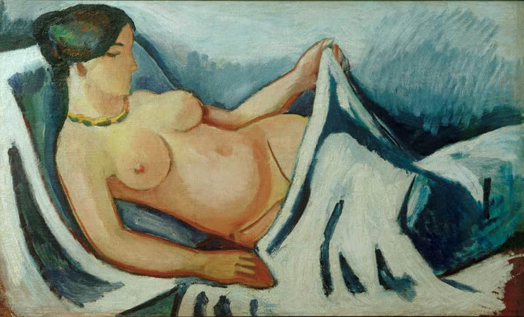 Kunstdruck des Gemäldes „Akt, liegend“ von August Macke. Hochwertig in Deutschland von Hand gefertigt, erhältlich als Poster oder Leinwand und optional gerahmt.