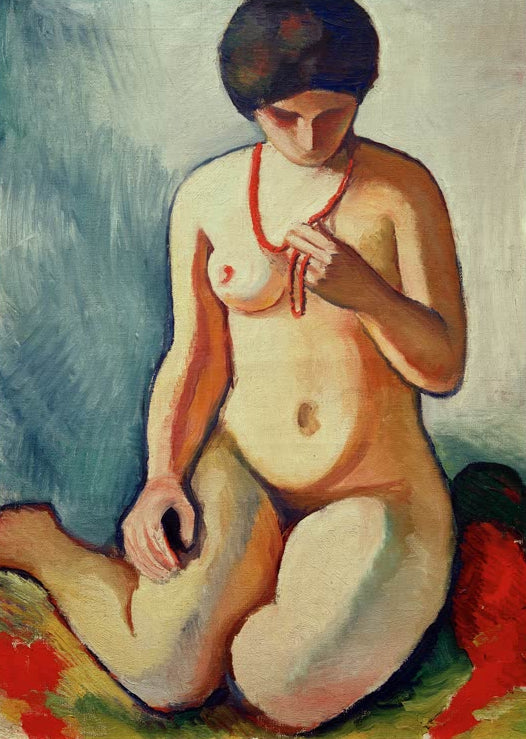 Kunstdruck des Gemäldes „Akt mit Korallenkette“ von August Macke. Hochwertig in Deutschland von Hand gefertigt, erhältlich als Leinwand oder Poster und optional gerahmt.