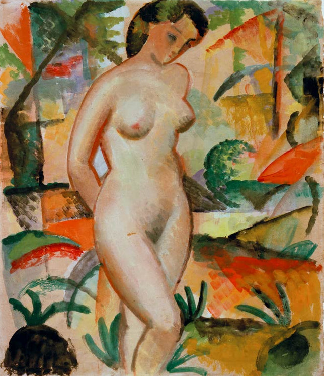 Kunstdruck des Gemäldes „Akt, stehend“ von August Macke. Hochwertig in Deutschland von Hand gefertigt, erhältlich als Poster oder Leinwand und optional gerahmt.