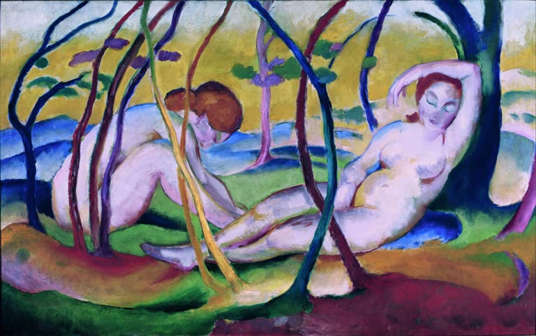 Kunstdruck des Gemäldes „Akte unter Bäumen“ von Franz Marc. Hochwertig in Deutschland von Hand gefertigt, erhältlich als Poster oder Leinwand und optional gerahmt.