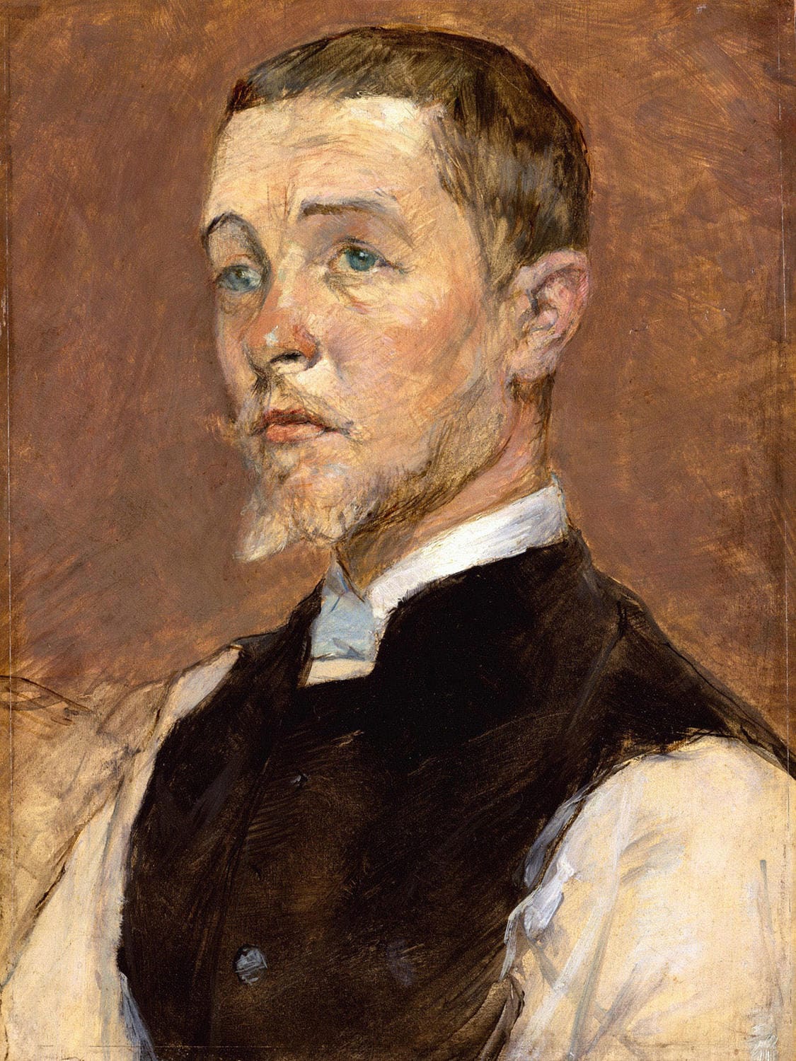 Porträt von Albert (René) Grenier, ein Mann in dunkler Kleidung vor neutralem Hintergrund, gemalt von Henri de Toulouse-Lautrec im Hochformat, 1887.