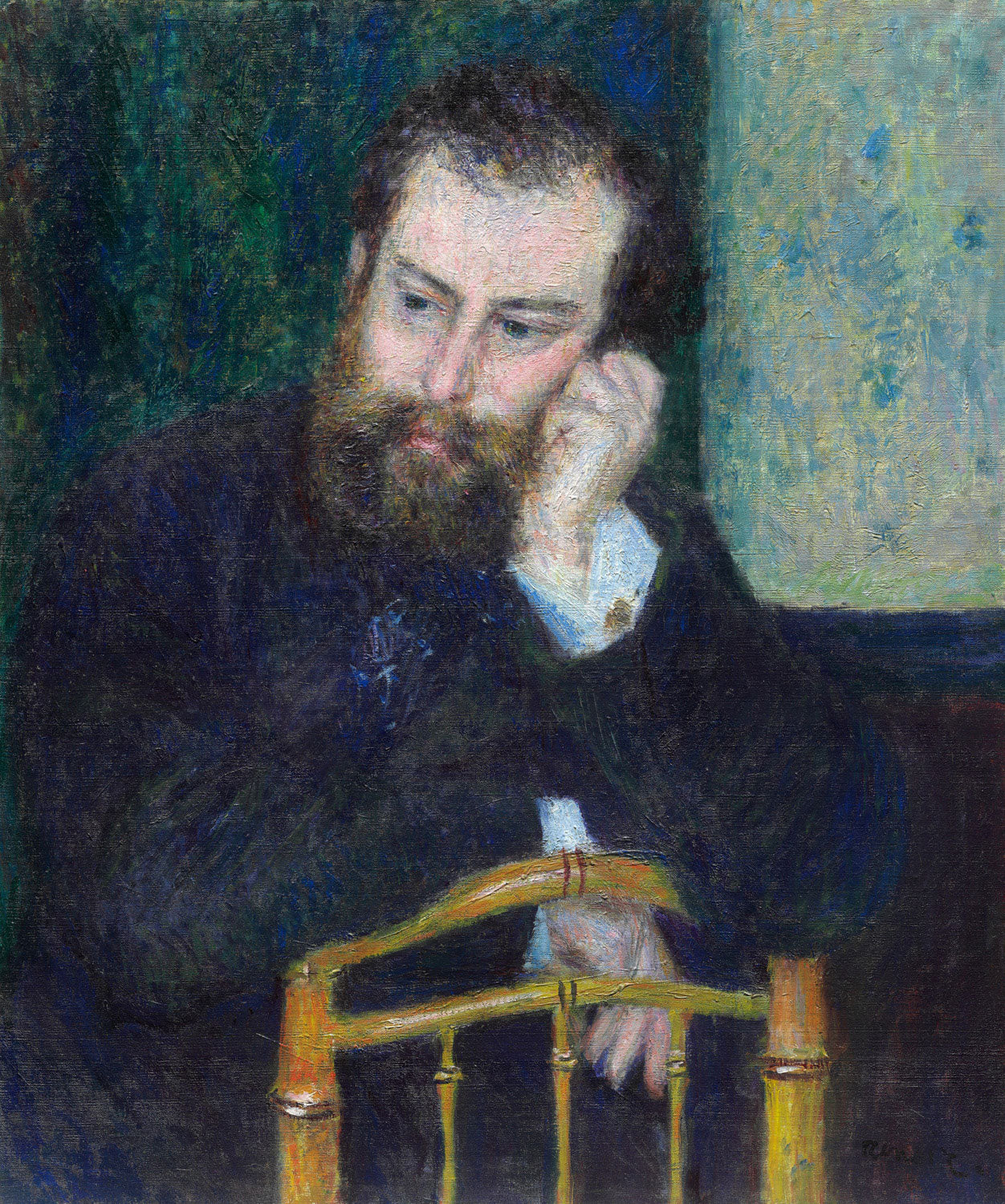 Pierre-Auguste Renoirs Porträt "Alfred Sisley" zeigt den impressionistischen Maler in einer entspannten Pose, mit lebendigen Farben und subtilen Licht- und Schatteneffekten.