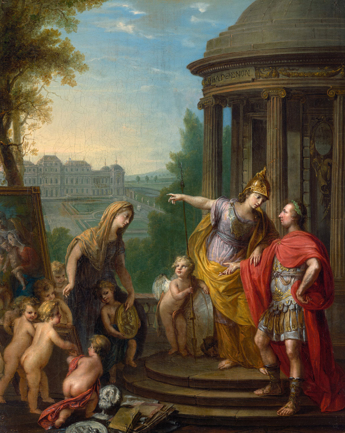 Allegorie auf die Übertragung der kaiserlichen Galerie in das Belvedere von Vinzenz Fischer, klassizistisches Gemälde mit symbolischen Figuren und prachtvoller Szenerie.