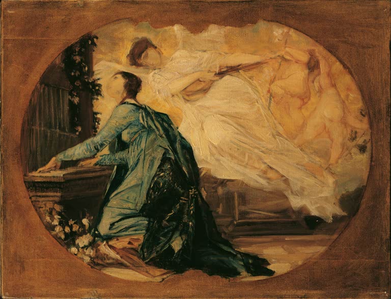 Kunstdruck von „Allegorie der kirchlichen Musik“ von Gustav Klimt mit symbolistischer Darstellung und kunstvoller Jugendstil-Ornamentik. In Deutschland von Hand gefertigt.