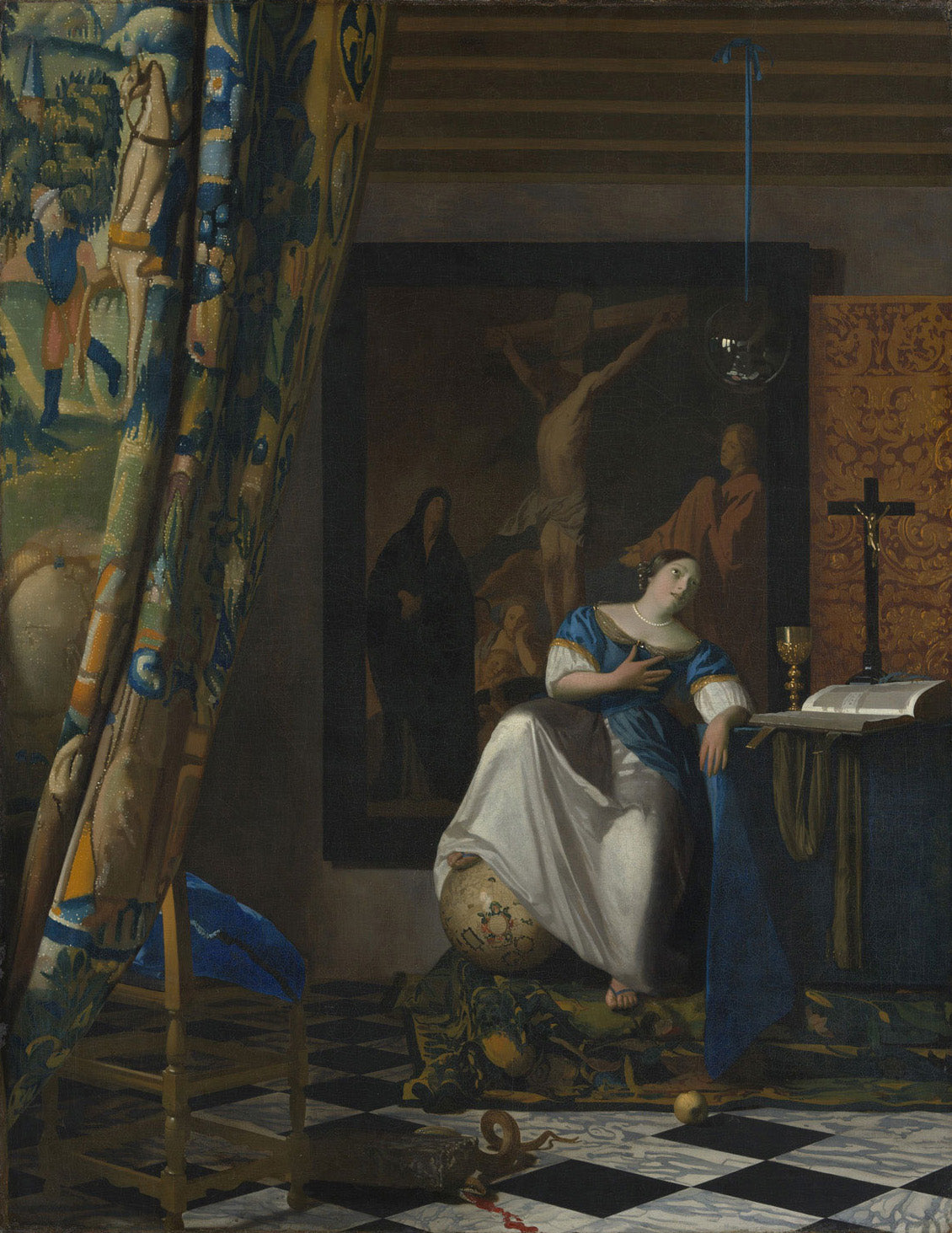 Allegorie des katholischen Glaubens, gemalt von Johannes Vermeer, zeigt eine weibliche Figur, die den katholischen Glauben personifiziert, umgeben von religiösen Symbolen, mit leuchtenden Blau- und Rottönen und meisterhaftem Licht-Schatten-Spiel.