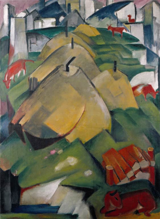Kunstdruck des Gemäldes „Alpine Szene (Streuhocken)“ von Franz Marc. Hochwertig in Deutschland von Hand gefertigt, erhältlich als Poster oder Leinwand und optional gerahmt.