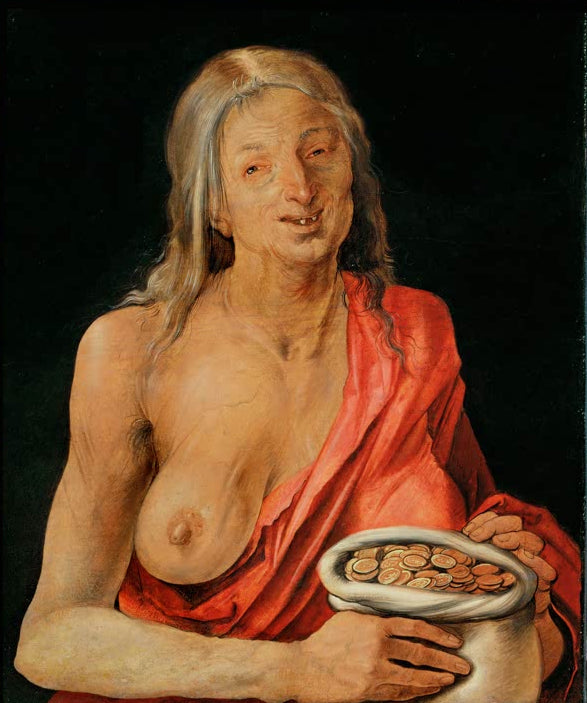 Kunstdruck von „Alte Frau mit Geldsack“ von Albrecht Dürer. Ausdrucksstarke Charakterstudie einer alten Frau aus der Renaissance, in Deutschland handgefertigt.