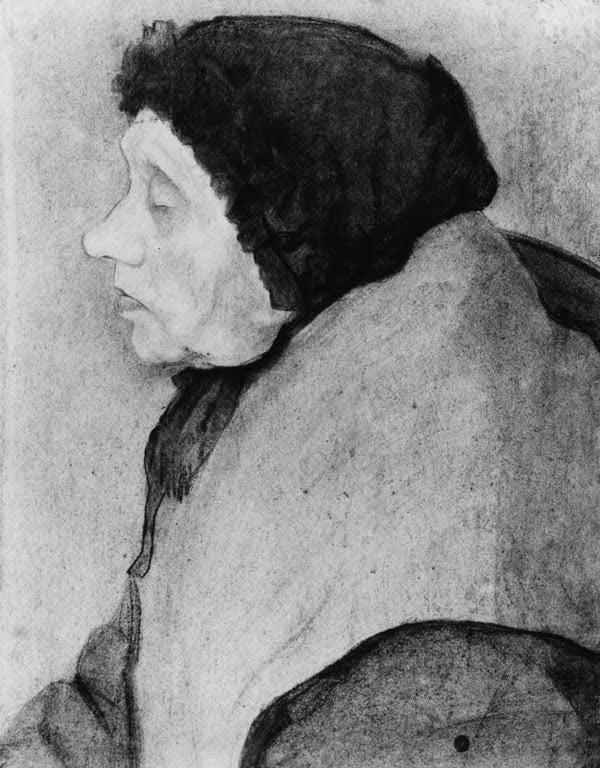 Kunstdruck von Alte Frau mit Haube im Profil nach links von Paula Modersohn-Becker – ausdrucksstarkes Porträt einer älteren Frau als hochwertiger Kunstdruck.