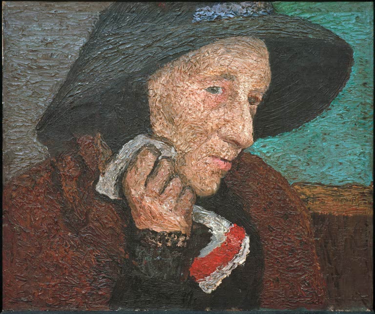 Kunstdruck von Alte Frau mit schwarzem Strohhut von Paula Modersohn-Becker – ausdrucksstarkes Porträt einer älteren Frau als hochwertiger Kunstdruck.
