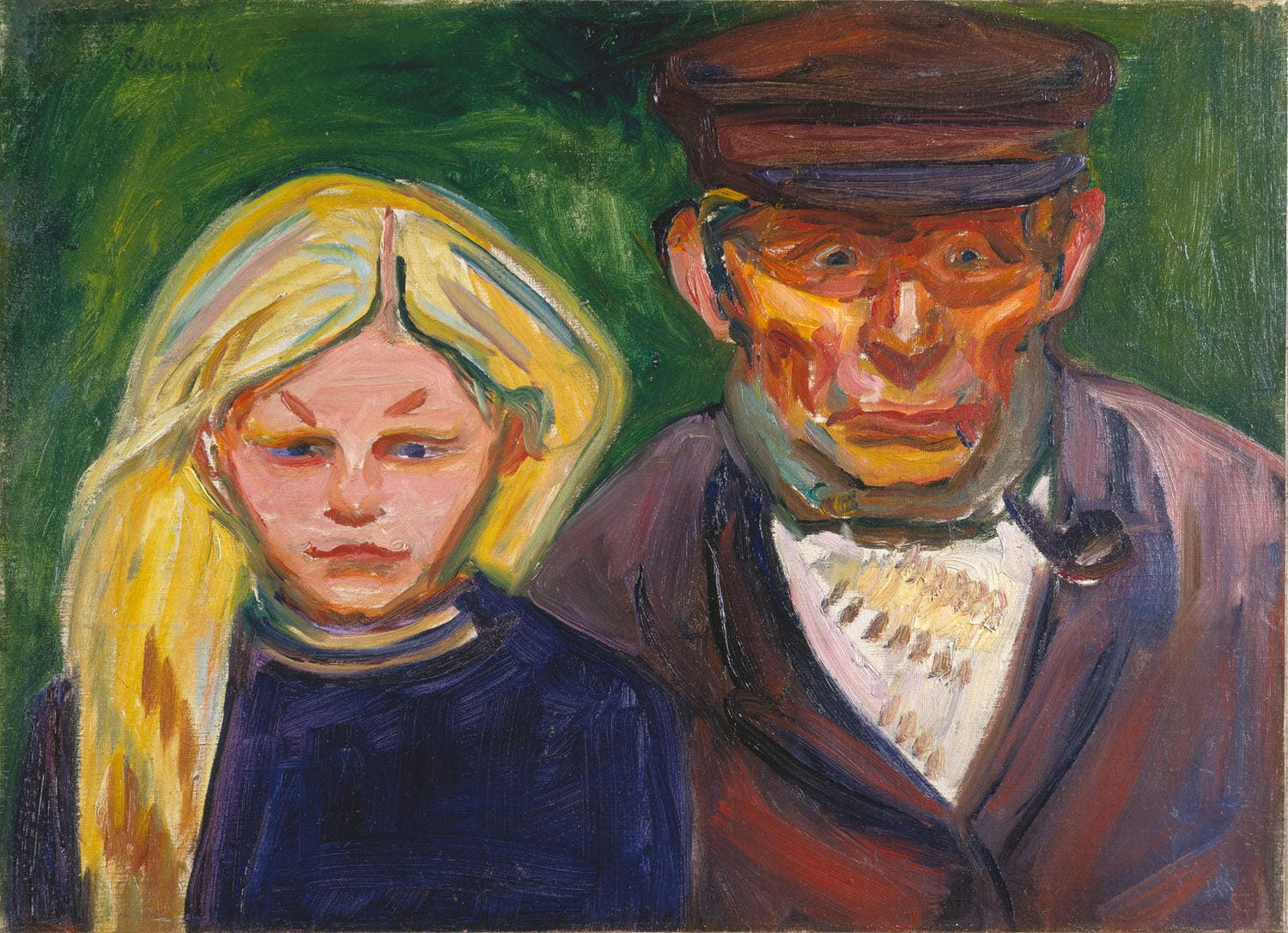 "Alter Fischer mit Tochter" (Gammel fisker med datter) von Edvard Munch – Ausdrucksstarke Darstellung eines alten Fischers und seiner Tochter in intensiven Farben und melancholischer Atmosphäre.