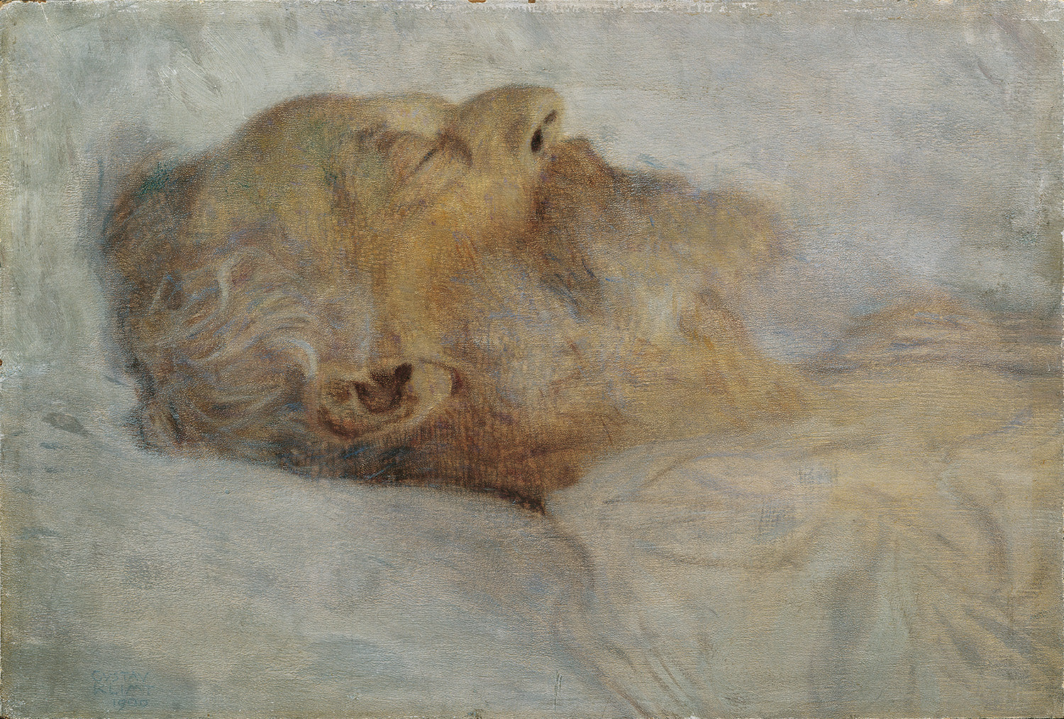 Das Gemälde „Alter Mann auf dem Totenbett“ von Gustav Klimt zeigt eine ergreifende Szene, die die Vergänglichkeit des Lebens einfängt. Der alte Mann liegt gehüllt, mit tiefem Ausdruck und feinen Schattierungen, die eine melancholische und bewegende Atmosphäre schaffen.