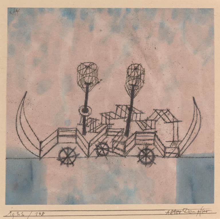 Kunstdruck „Alter Dampfer“ von Paul Klee mit abstrahiertem Dampfschiff und charakteristischer Farbgestaltung