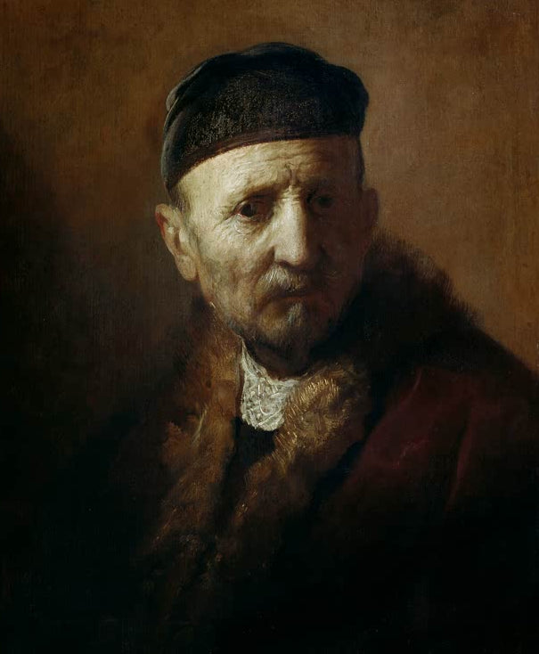 Kunstdruck von Rembrandts Gemälde „Alter mit Kappe“ mit dem eindrucksvollen Porträt eines älteren Mannes.