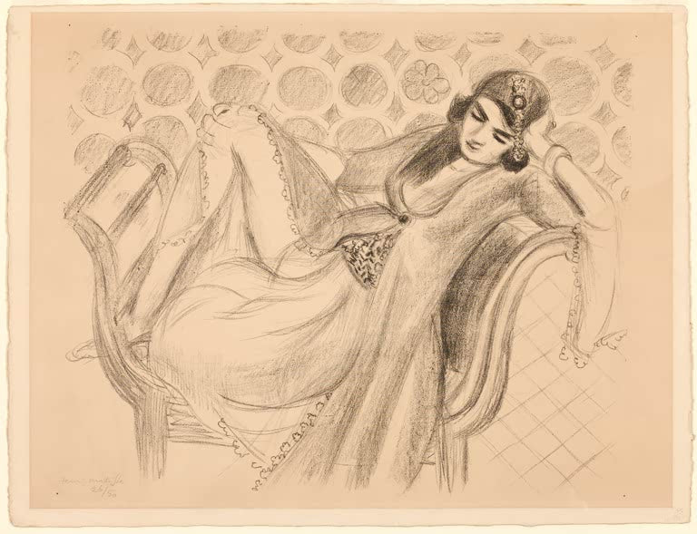 Kunstdruck von Henri Matisse: Figur ruht auf einer Bank in einer ausdrucksstarken künstlerischen Komposition.