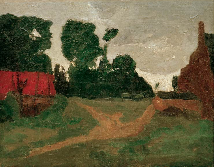 Kunstdruck des Gemäldes Am Dorfrand, rotes Haus und alte Fabrik von Paula Modersohn-Becker mit einem roten Haus am Dorfrand und einer alten Fabrik im Hintergrund.