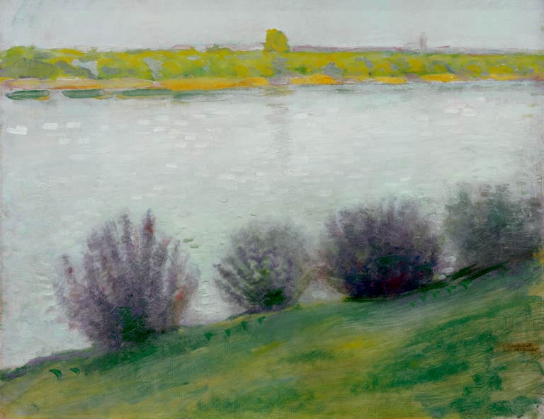 Kunstdruck des Gemäldes „Am Rhein bei Hersel“ von August Macke. Hochwertig in Deutschland von Hand gefertigt, erhältlich als Poster oder Leinwand und optional gerahmt.