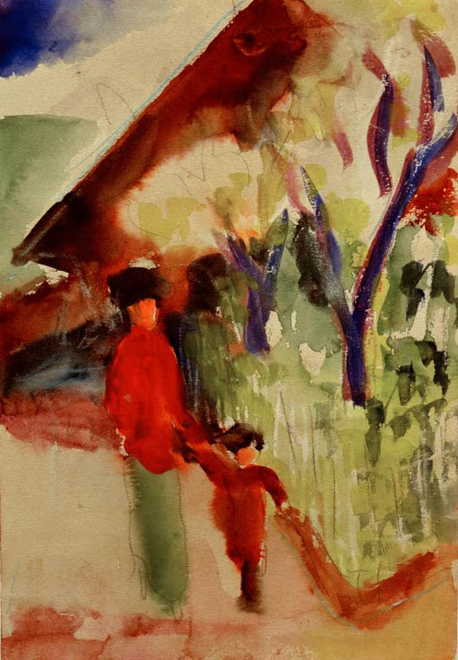 Kunstdruck des Gemäldes „Am Schweizerhaus“ von August Macke. Hochwertig in Deutschland von Hand gefertigt, erhältlich als Poster oder Leinwand und optional gerahmt.
