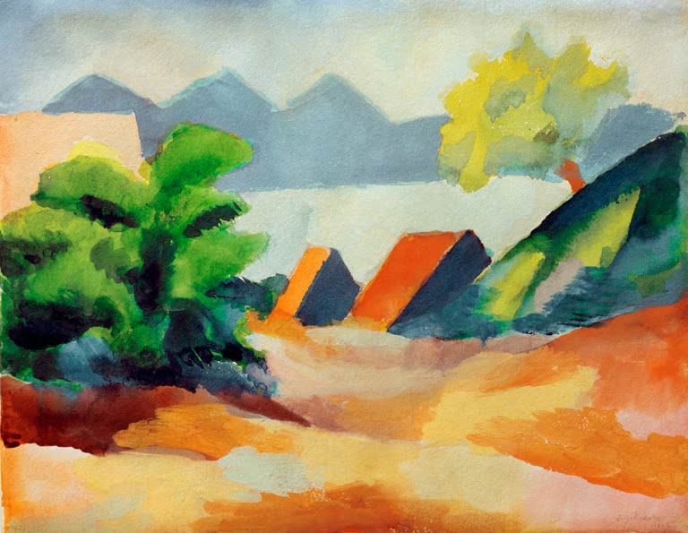 Kunstdruck des Gemäldes „Am Thuner See I“ von August Macke. Hochwertig in Deutschland von Hand gefertigt, erhältlich als Poster oder Leinwand und optional gerahmt.