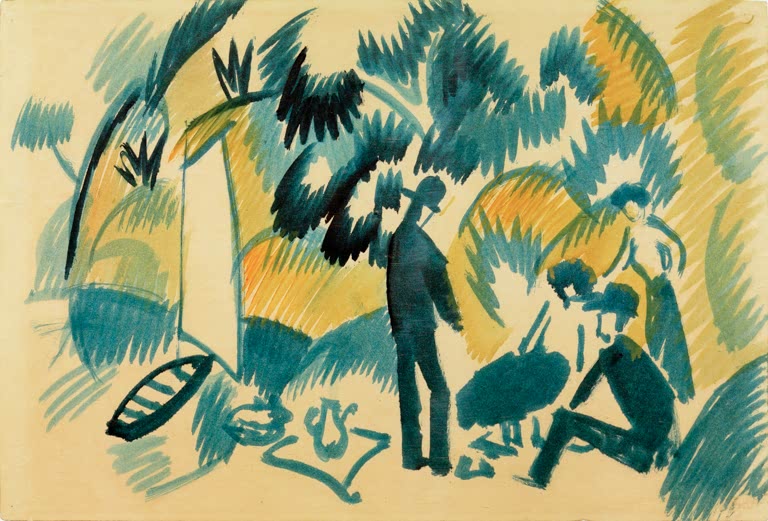 Kunstdruck des Gemäldes „Am Thuner See, Picknick nach dem Segeln“ von August Macke. Hochwertig in Deutschland von Hand gefertigt, erhältlich als Poster oder Leinwand und optional gerahmt.