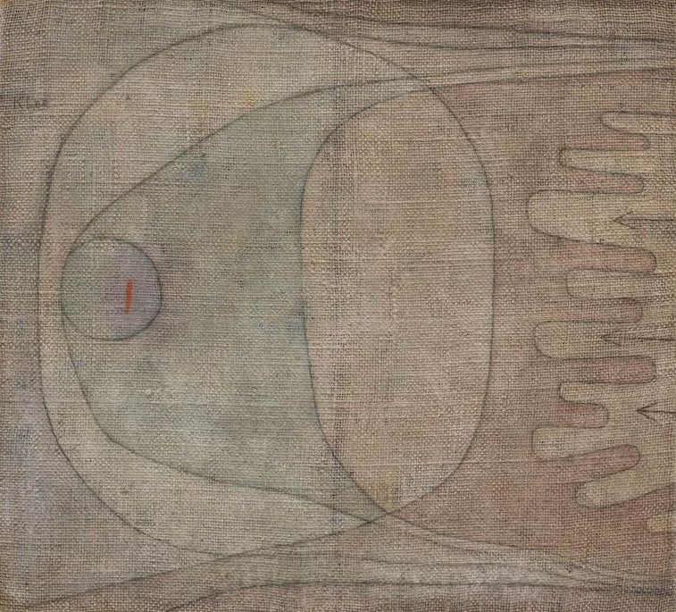 Kunstdruck von „Angst“ von Paul Klee mit ausdrucksstarker abstrakter Darstellung und intensiver symbolischer Farbgebung.