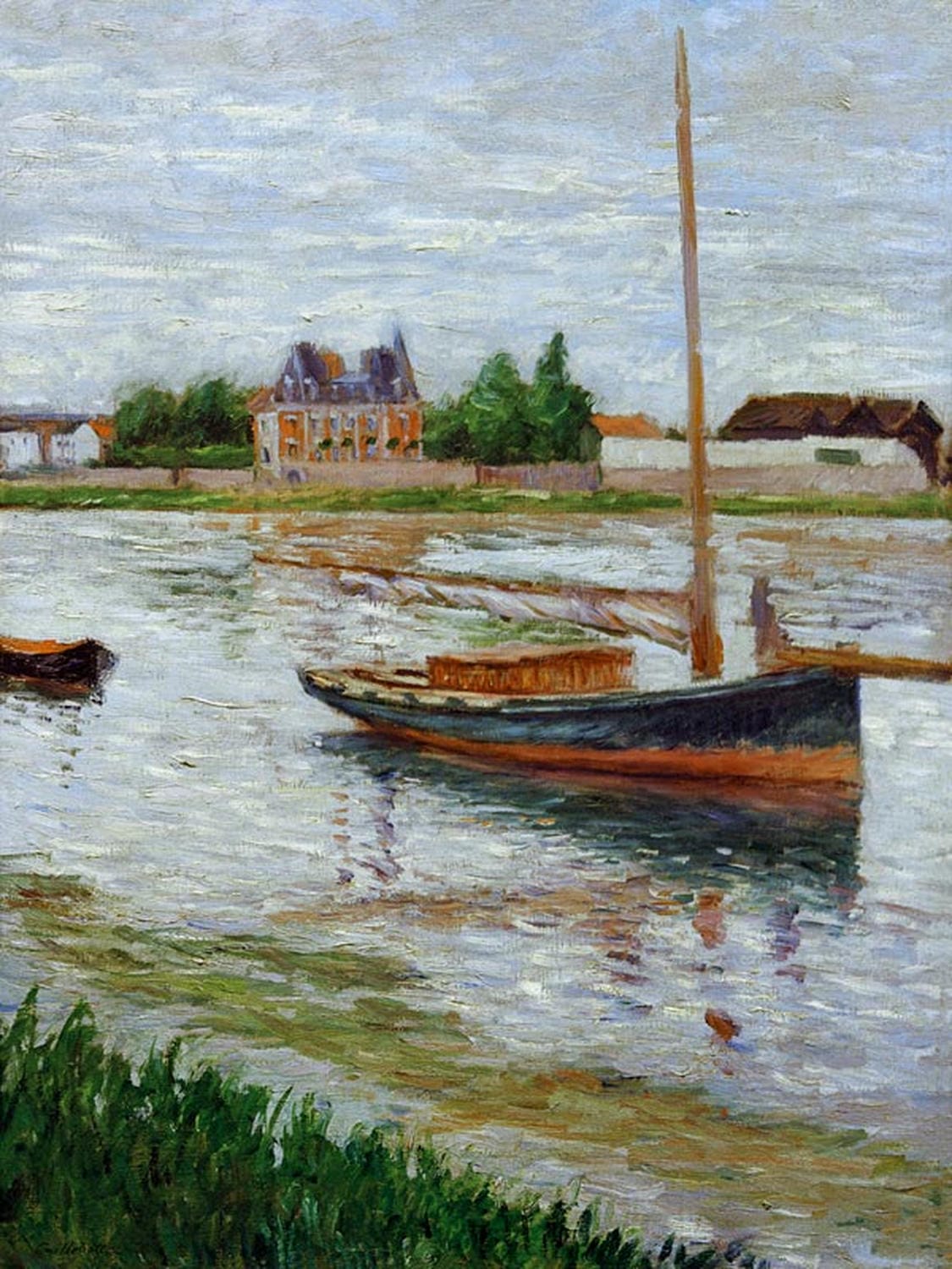 „Ankerndes Boot auf der Seine“ von Gustave Caillebotte – impressionistische Flussszene mit ruhigem Wasser, festgemachtem Boot und weicher Spiegelung im Licht.