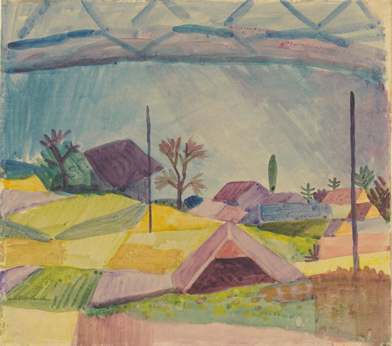 Bunte expressionistische Landschaft mit Häusern und Bäumen in Hilterfingen, gemalt von August Macke im Jahr 1913.
