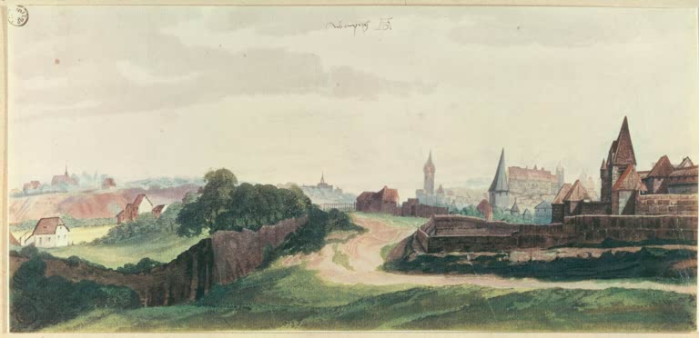 Kunstdruck von „Ansicht der Stadt Nürnberg von Westen“ von Albrecht Dürer. Detailreiche Stadtansicht der Renaissance mit historischer Architektur, in Deutschland handgefertigt.