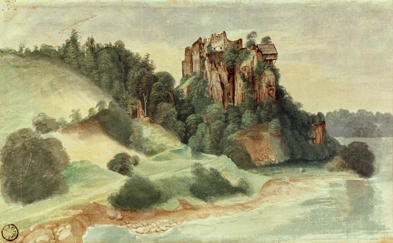 Kunstdruck von „Ansicht eines Felsenschlosses an einem Fluss (Schloss Segon)“ von Albrecht Dürer. Detailreiche Landschaftsdarstellung der Renaissance, in Deutschland handgefertigt.