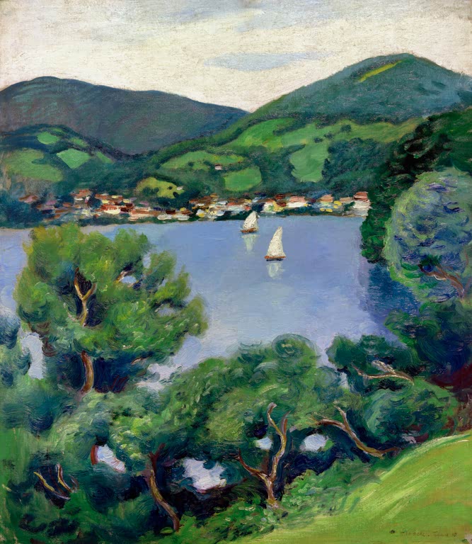 Kunstdruck des Gemäldes „Ansicht vom Tegernsee“ von August Macke. Hochwertig in Deutschland von Hand gefertigt, erhältlich als Poster oder Leinwand und optional gerahmt.