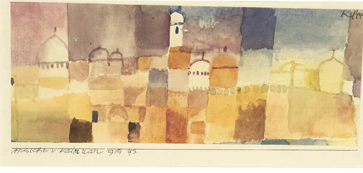 Kunstdruck von „Ansicht von Kairuan“ von Paul Klee mit abstrakter Darstellung der nordafrikanischen Stadt in leuchtenden Farbflächen.