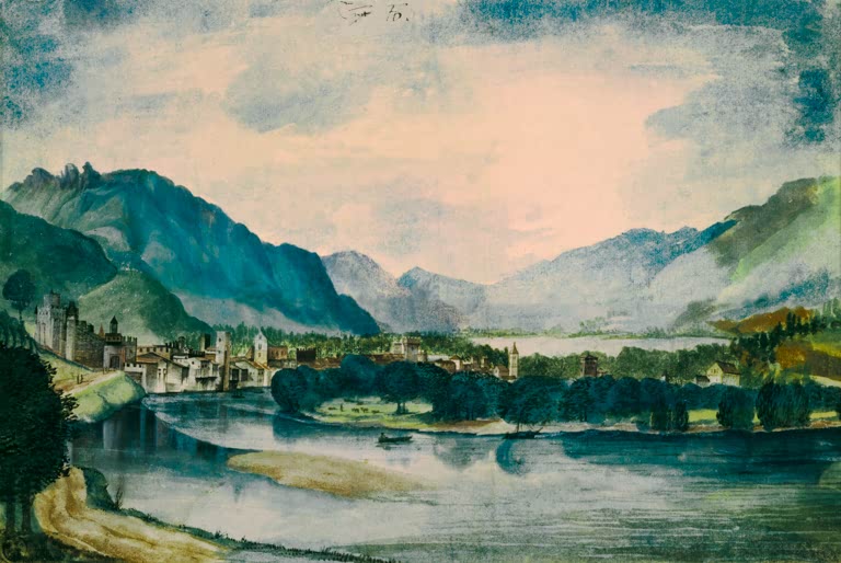 Kunstdruck „Ansicht von Trient von Norden“ von Albrecht Dürer mit historischer Stadtansicht und Landschaft